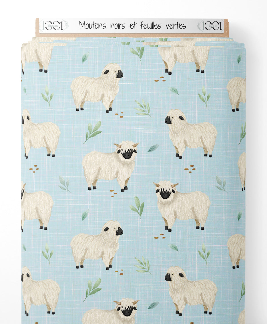Tissu - Moutons noirs et feuilles vertes