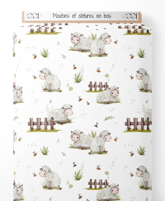 Tissu - Moutons et clôtures en bois