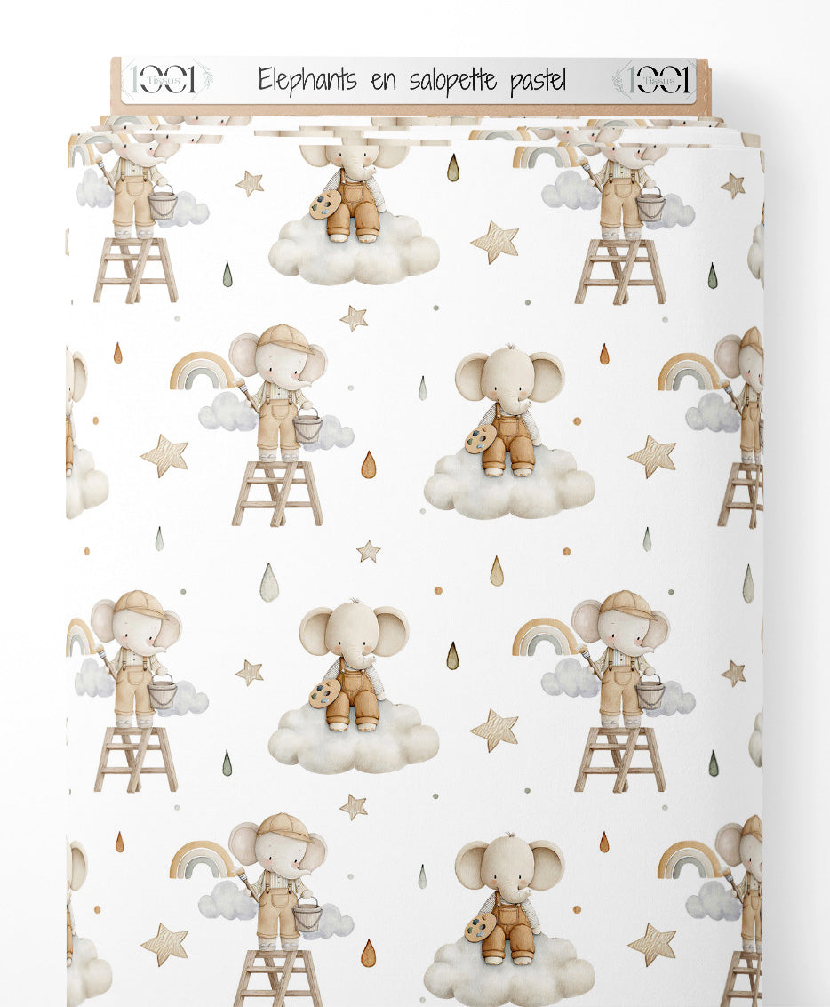Tissu - Éléphants en salopette pastel