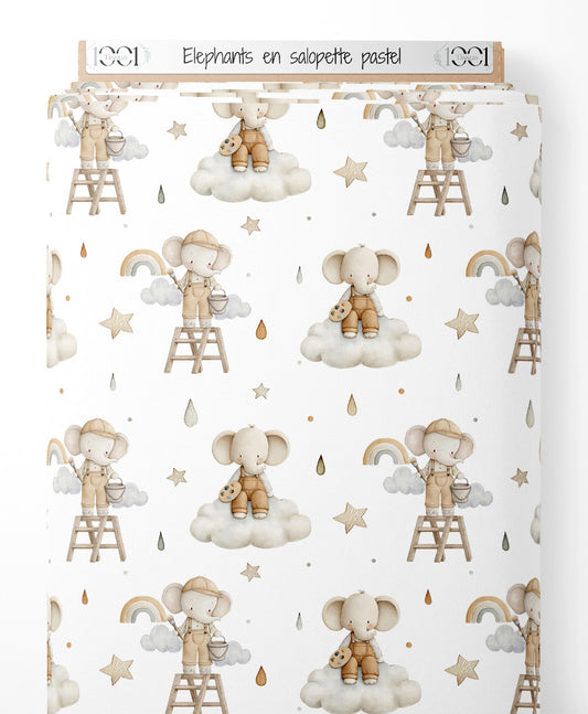 Tissu - Éléphants en salopette pastel
