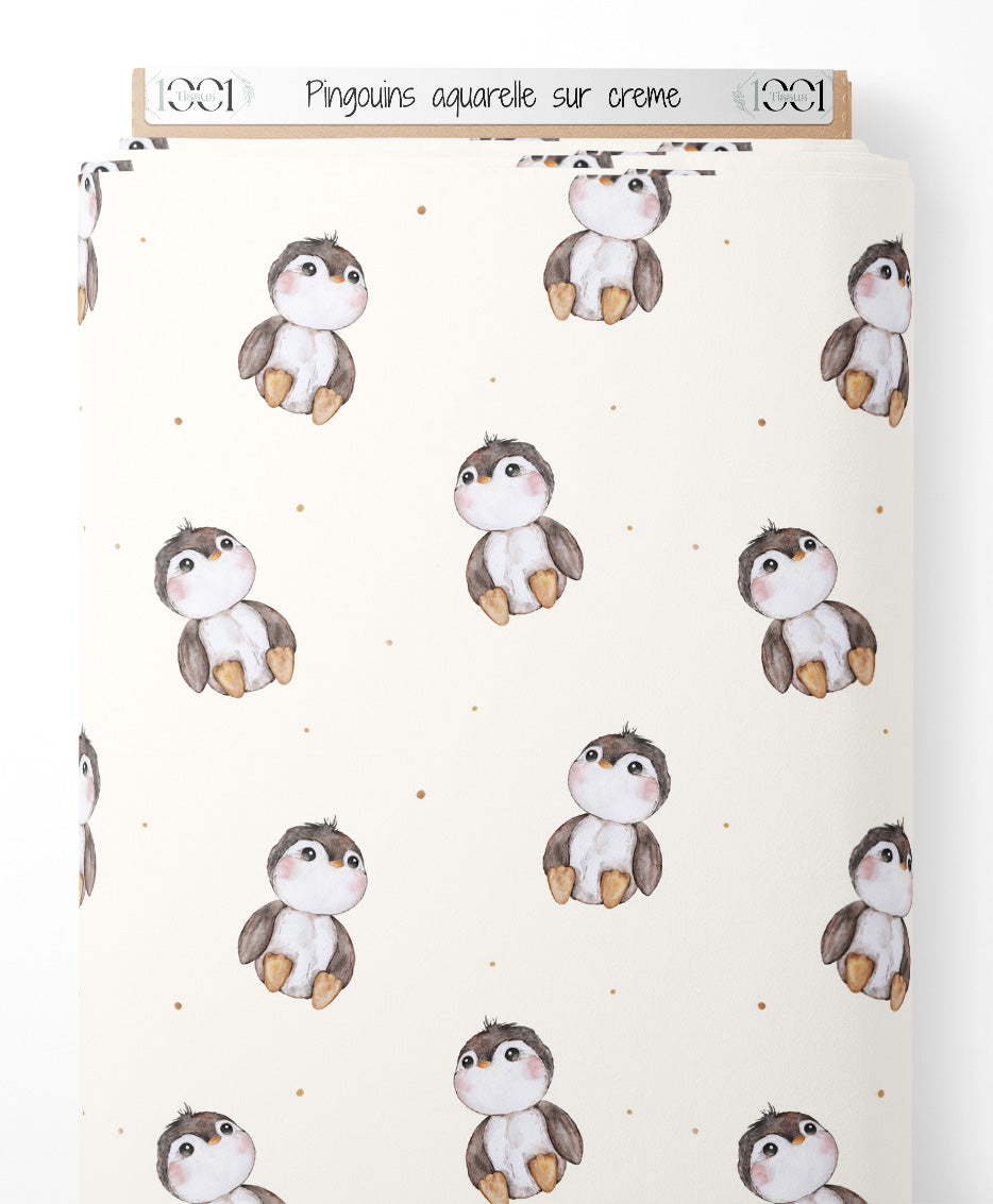 Tissu - Pingouins aquarelle sur crème