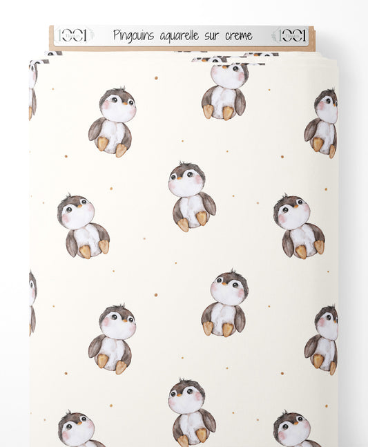 Tissu - Pingouins aquarelle sur crème
