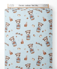 Tissu - Oursons cadeaux fond bleu