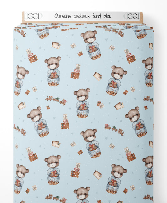 Tissu - Oursons cadeaux fond bleu