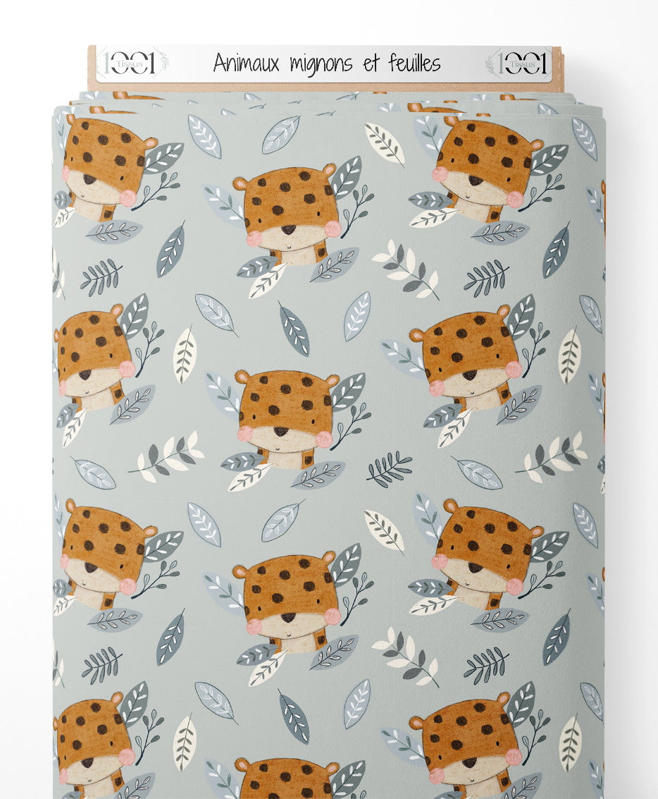 Tissu - Animaux mignons et feuilles