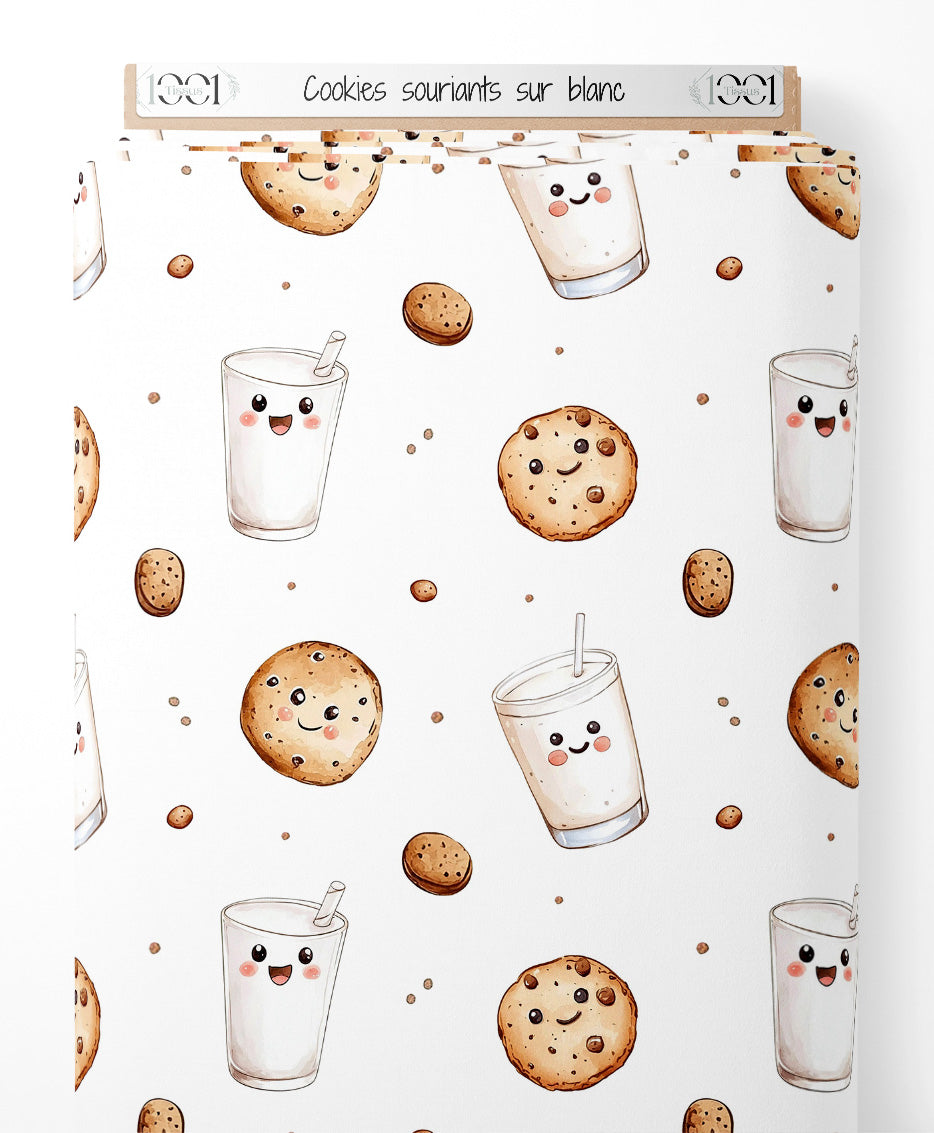 Tissu - Cookies souriants sur blanc