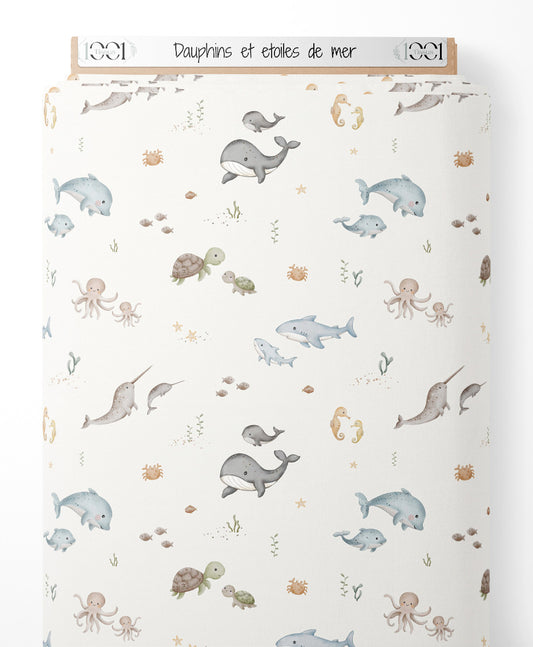Tissu - Dauphins et étoiles de mer