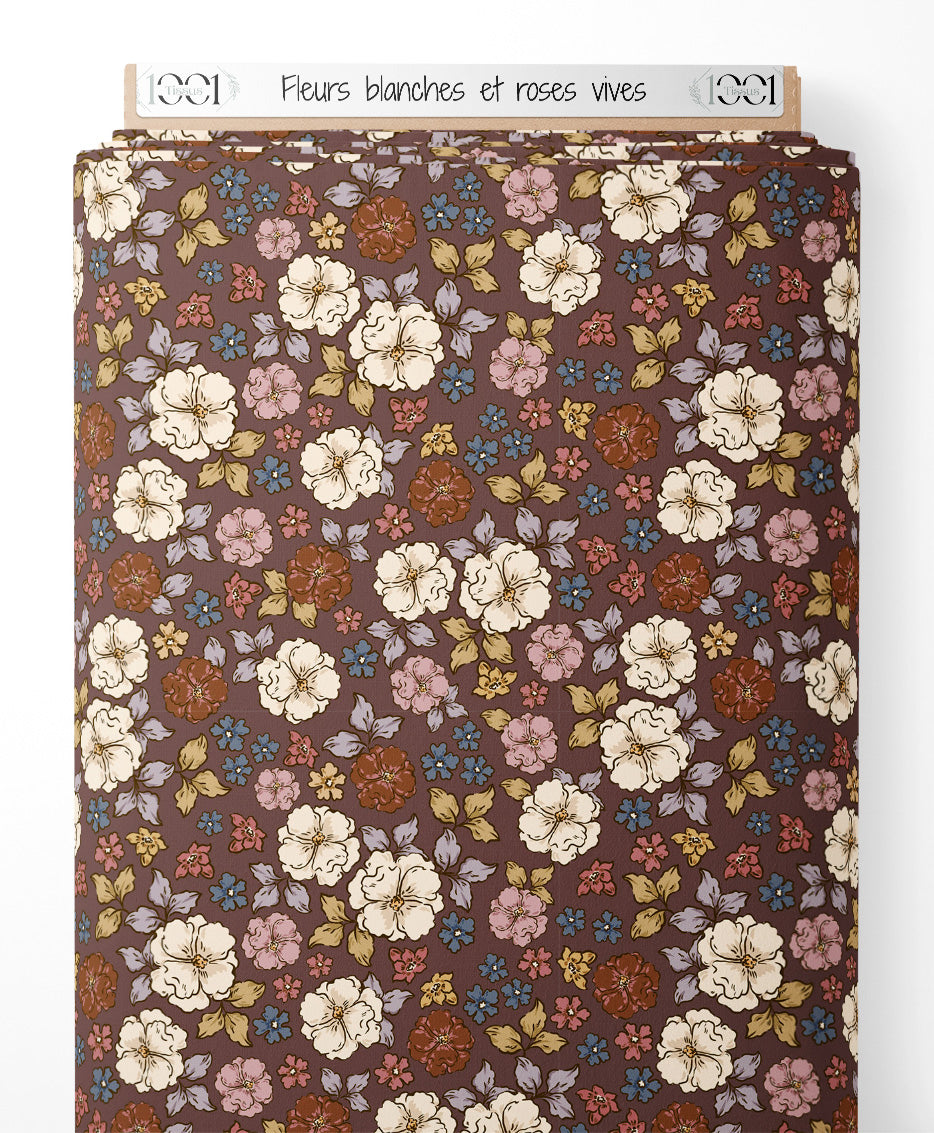 Tissu - Fleurs blanches et roses vives