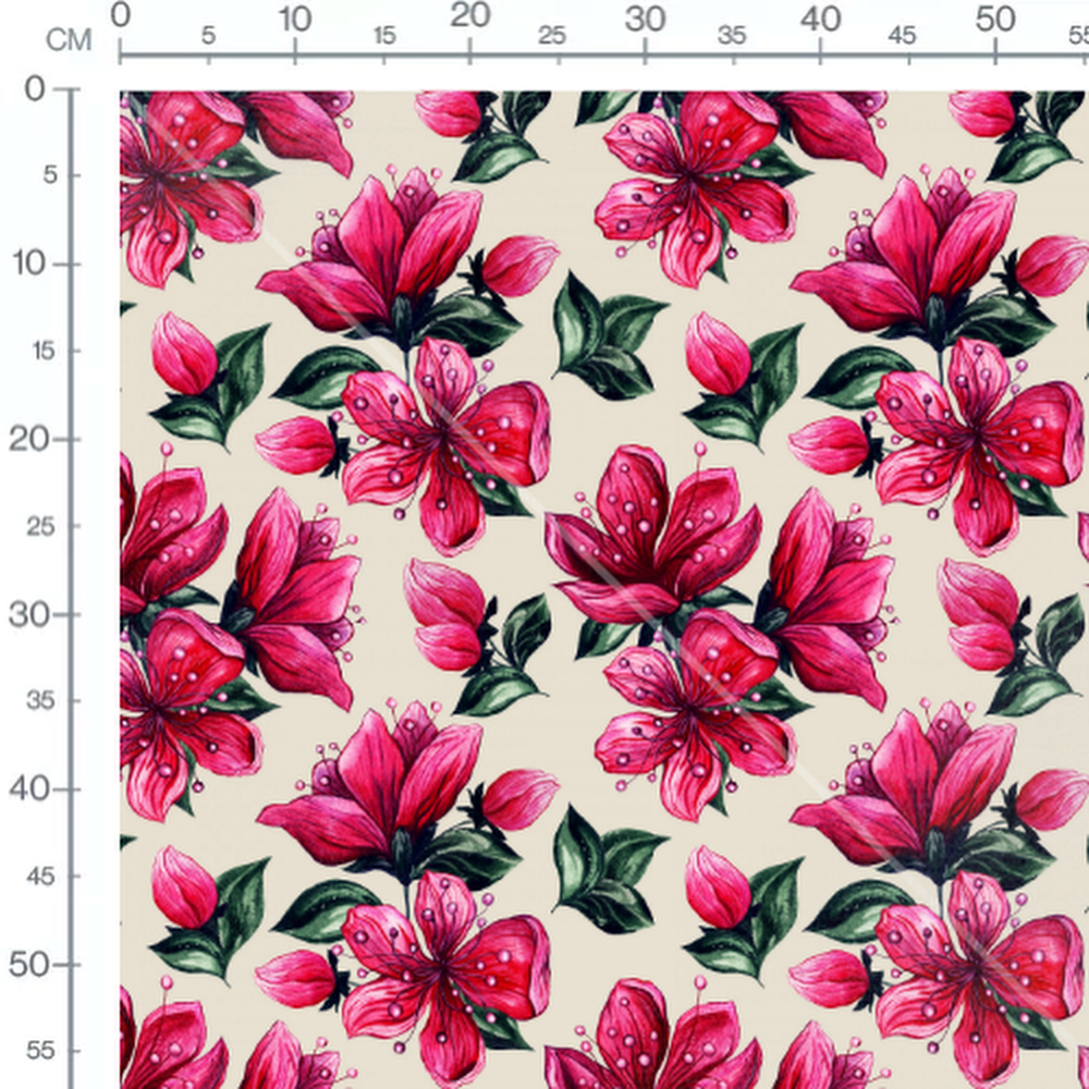 Tissu - Fleurs roses sur fond beige