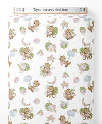 Tissu - Tigres souriants sur fond blanc