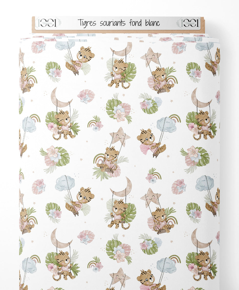Tissu - Tigres souriants sur fond blanc