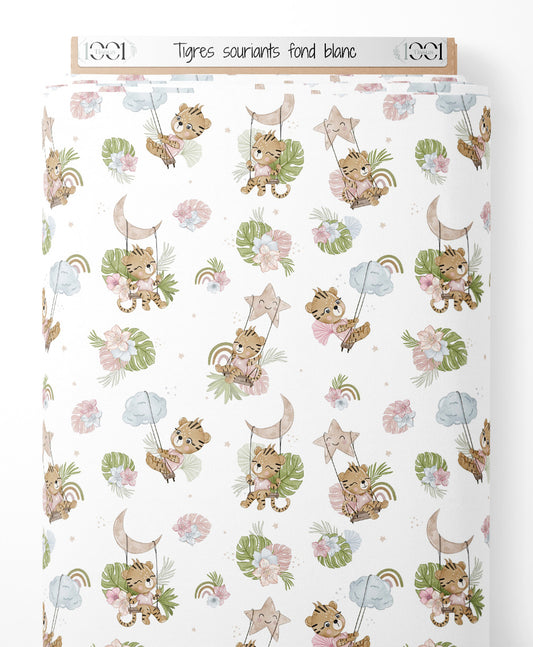 Tissu - Tigres souriants sur fond blanc