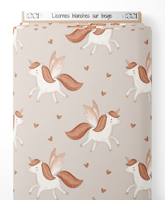 Tissu - Licornes blanches sur beige