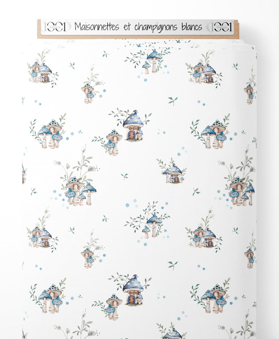 Tissu - Maisonnettes et champignons blancs