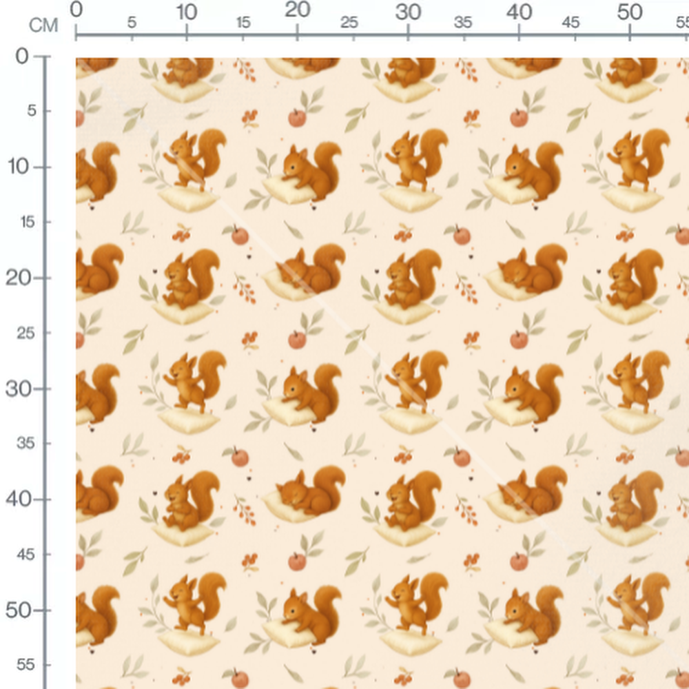 Tissu - Écureuils bruns et feuilles rouges
