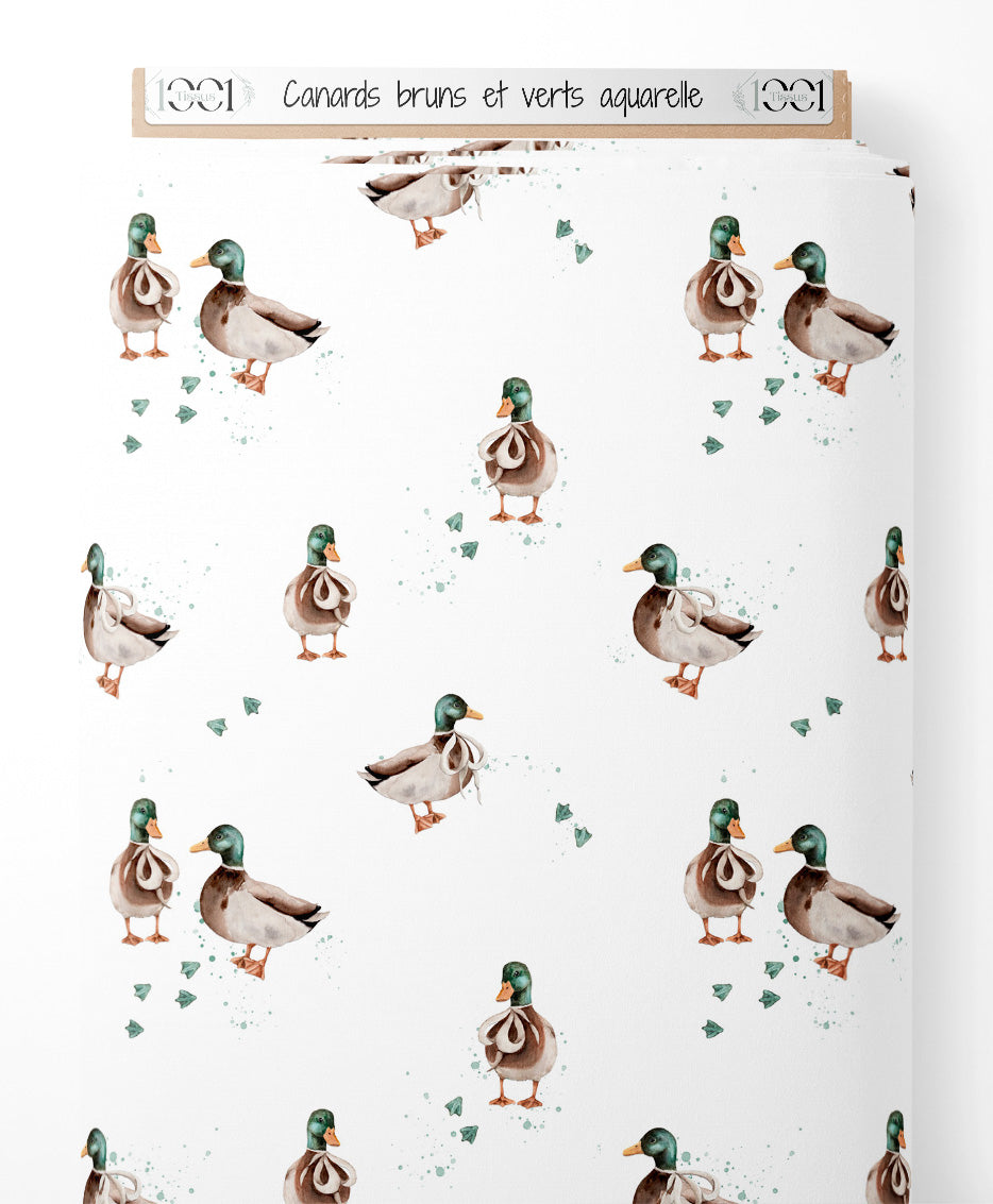 Tissu - Canards bruns et verts aquarelle
