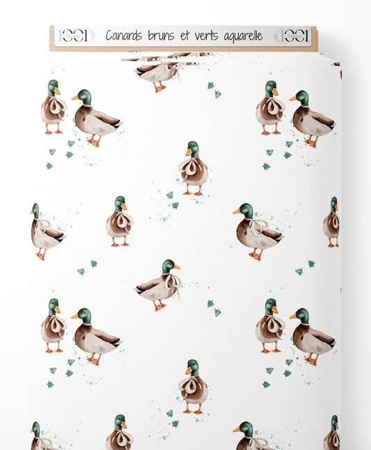 Tissu - Canards bruns et verts aquarelle