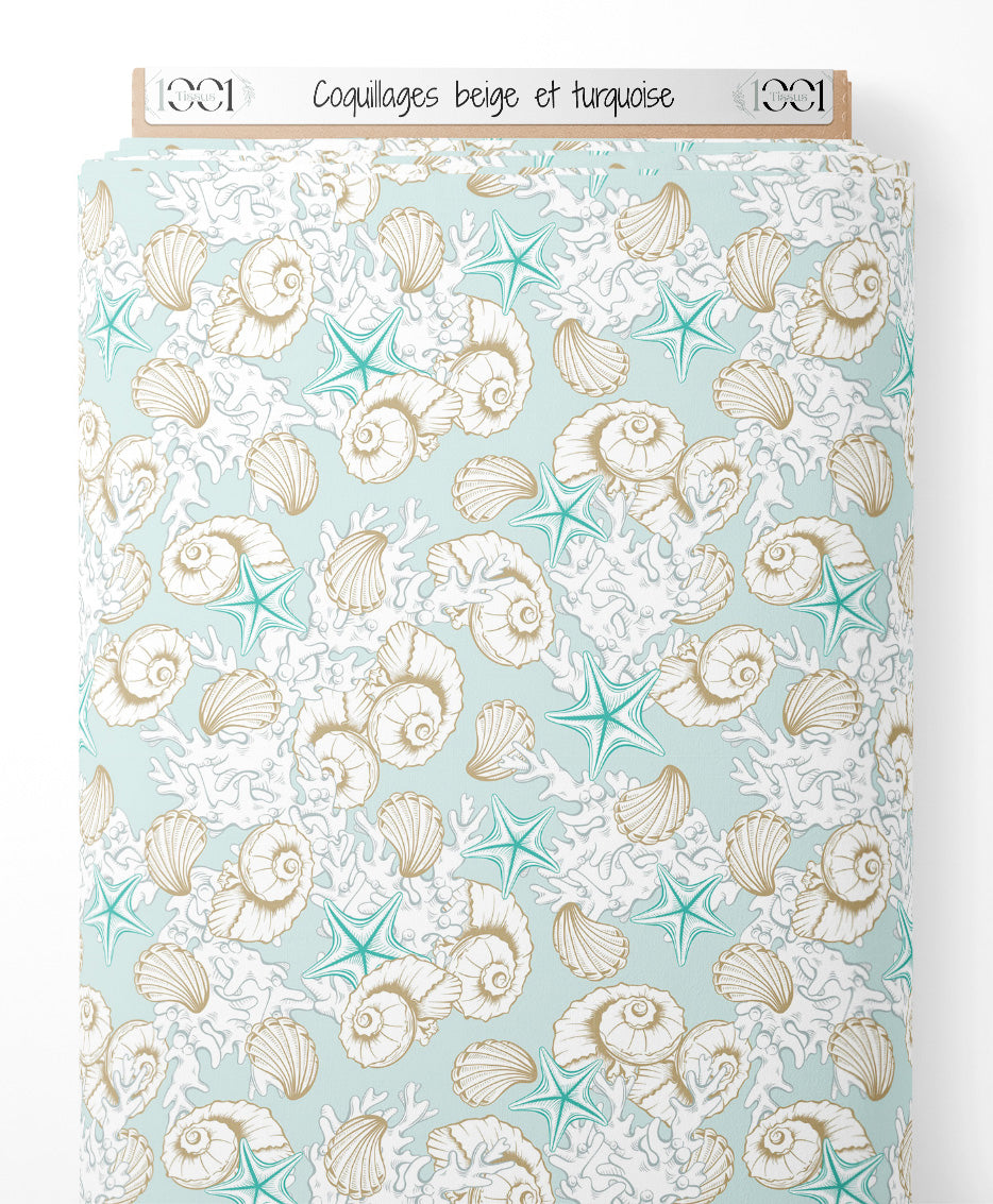 Tissu - Coquillages beige et turquoise