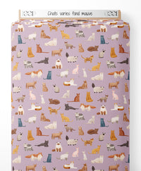 Tissu - Chats variés fond mauve
