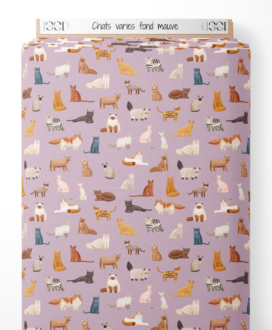 Tissu - Chats variés fond mauve