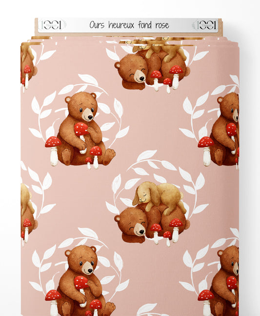 Tissu - Ours heureux sur fond rose