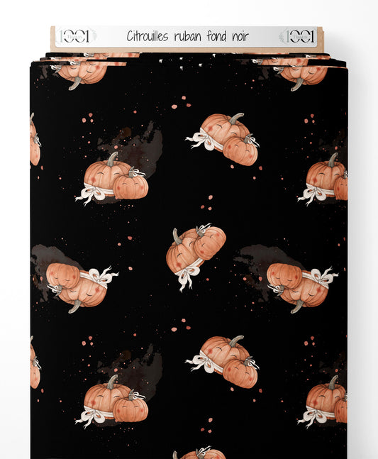Tissu - Citrouilles ruban sur fond noir