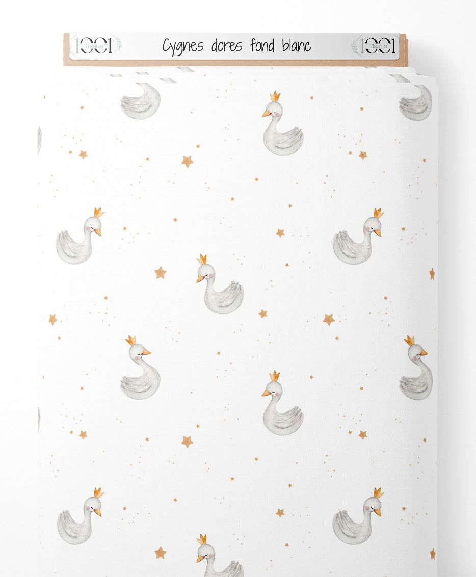 Tissu - Cygnes dorés sur fond blanc