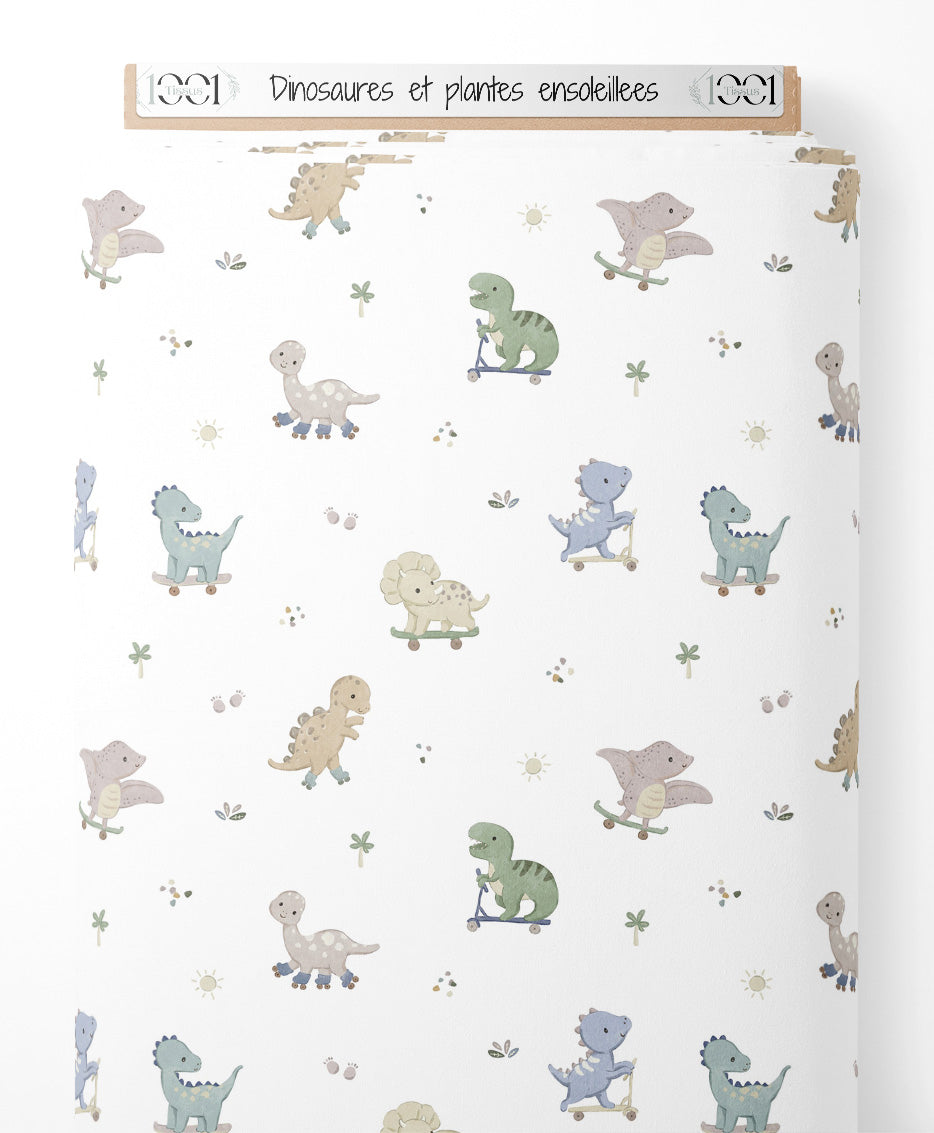 Tissu - Dinosaures et plantes ensoleillées