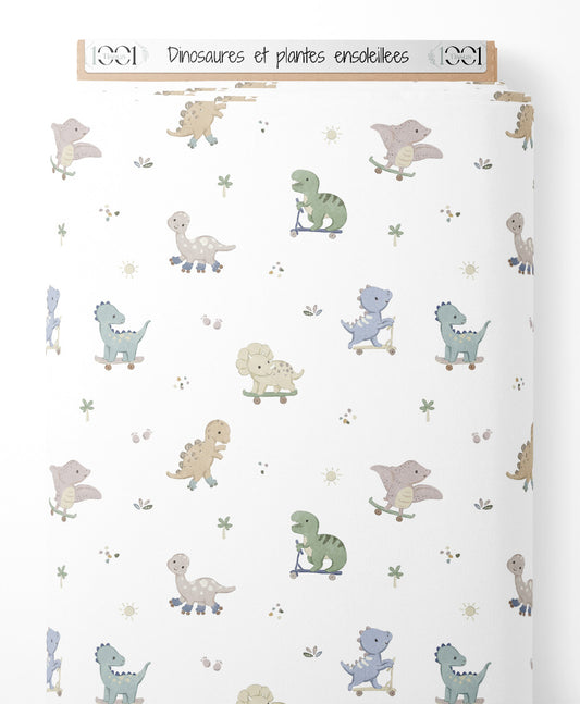Tissu - Dinosaures et plantes ensoleillées