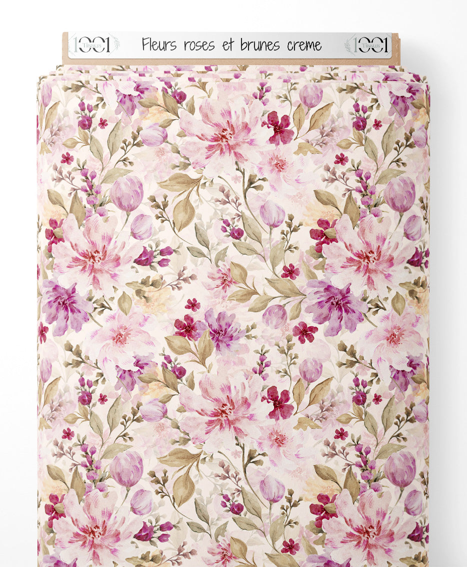 Tissu - Fleurs roses et brunes crème