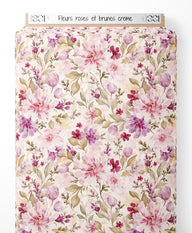 Tissu - Fleurs roses et brunes crème
