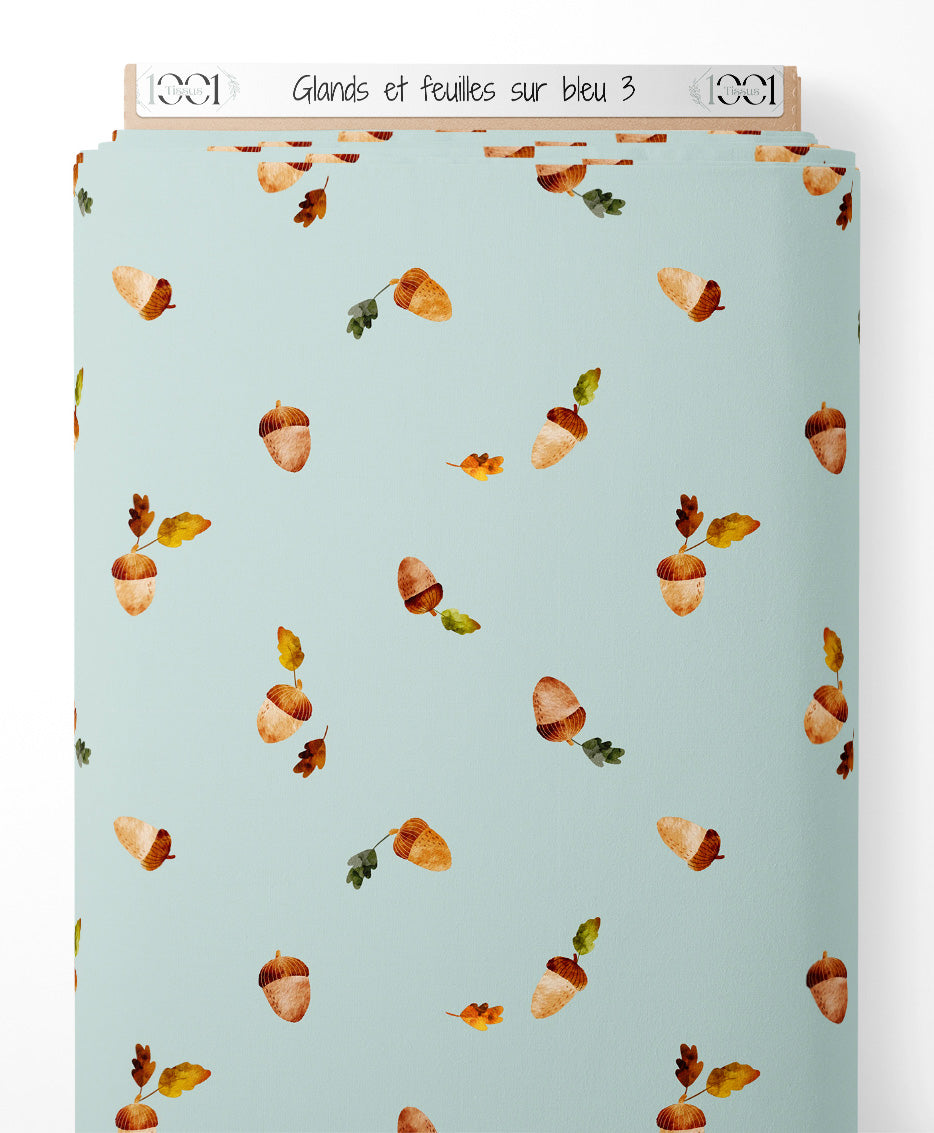 Tissu - Glands et feuilles sur bleu 3