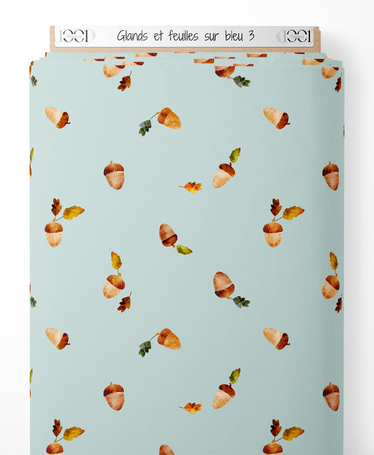 Tissu - Glands et feuilles sur bleu 3