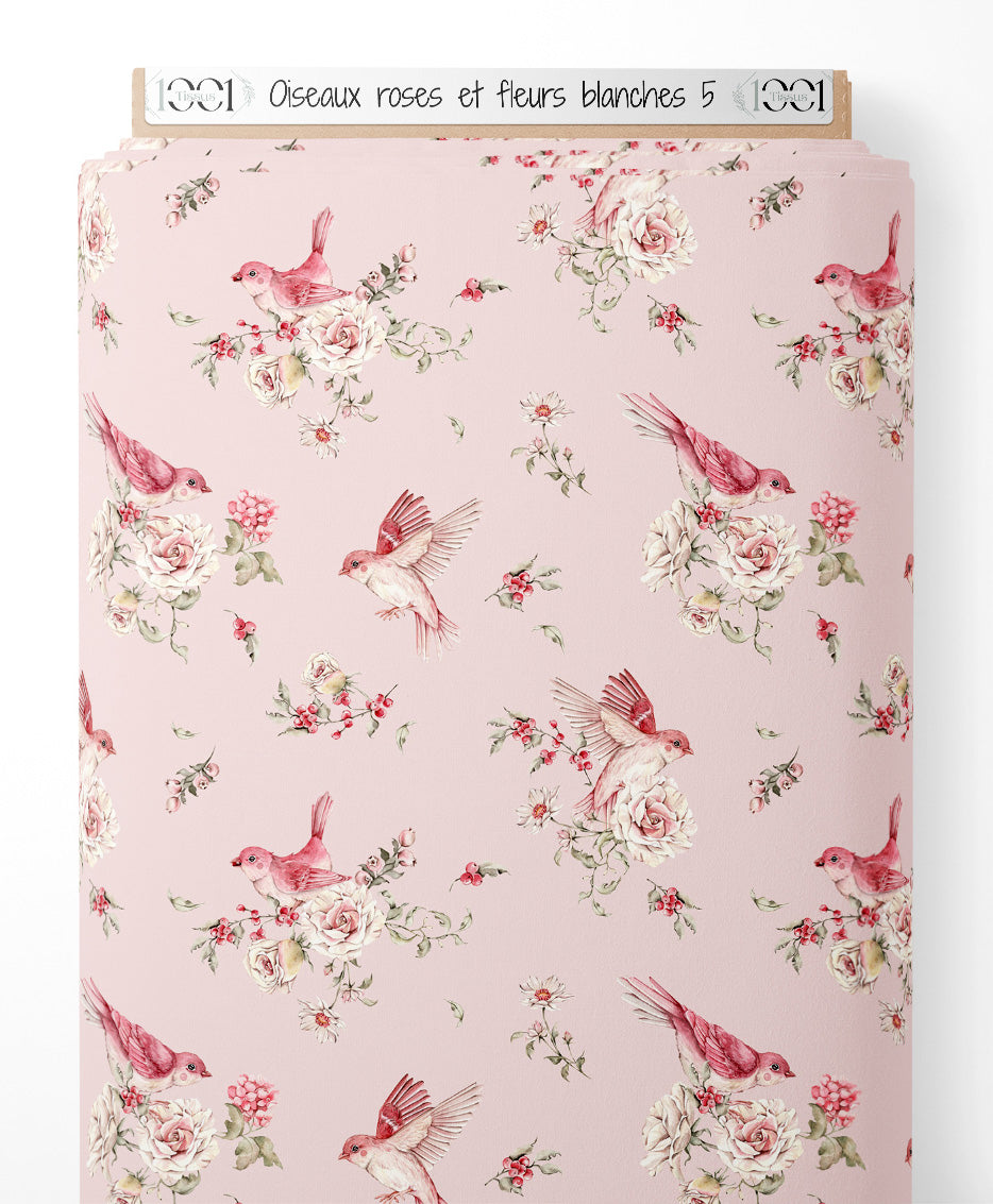 Tissu - Oiseaux roses et fleurs blanches 5