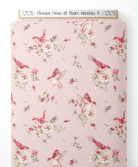 Tissu - Oiseaux roses et fleurs blanches 5