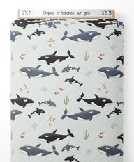 Tissu - Orques et baleines sur gris