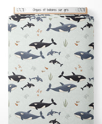 Tissu - Orques et baleines sur gris