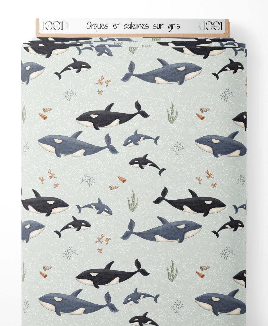 Tissu - Orques et baleines sur gris