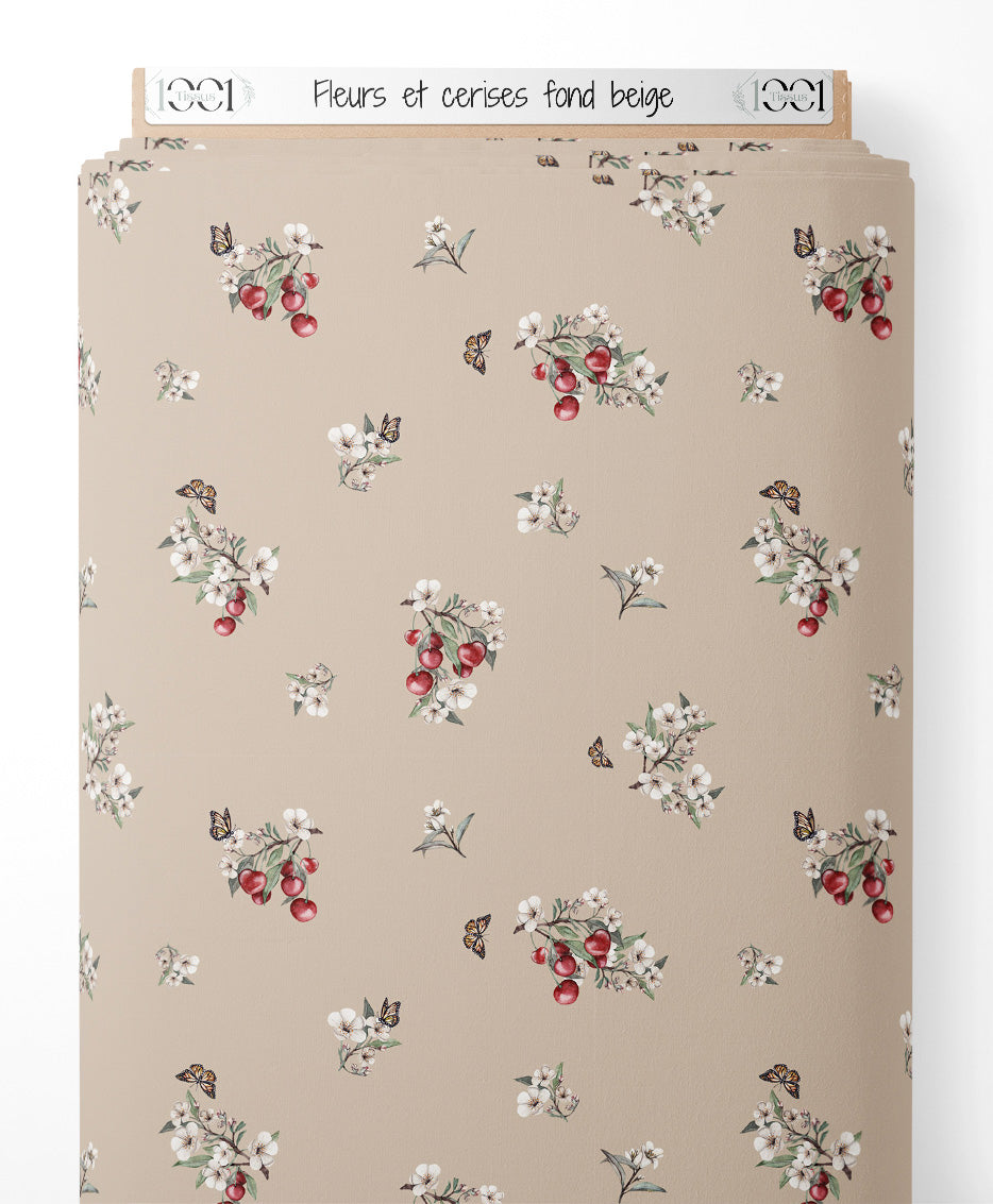 Tissu - Fleurs et cerises sur fond beige