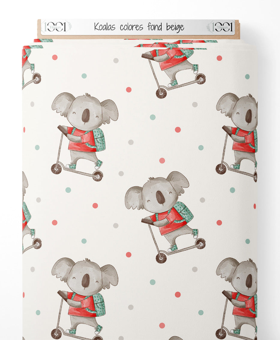 Tissu - Koalas colorés sur fond beige