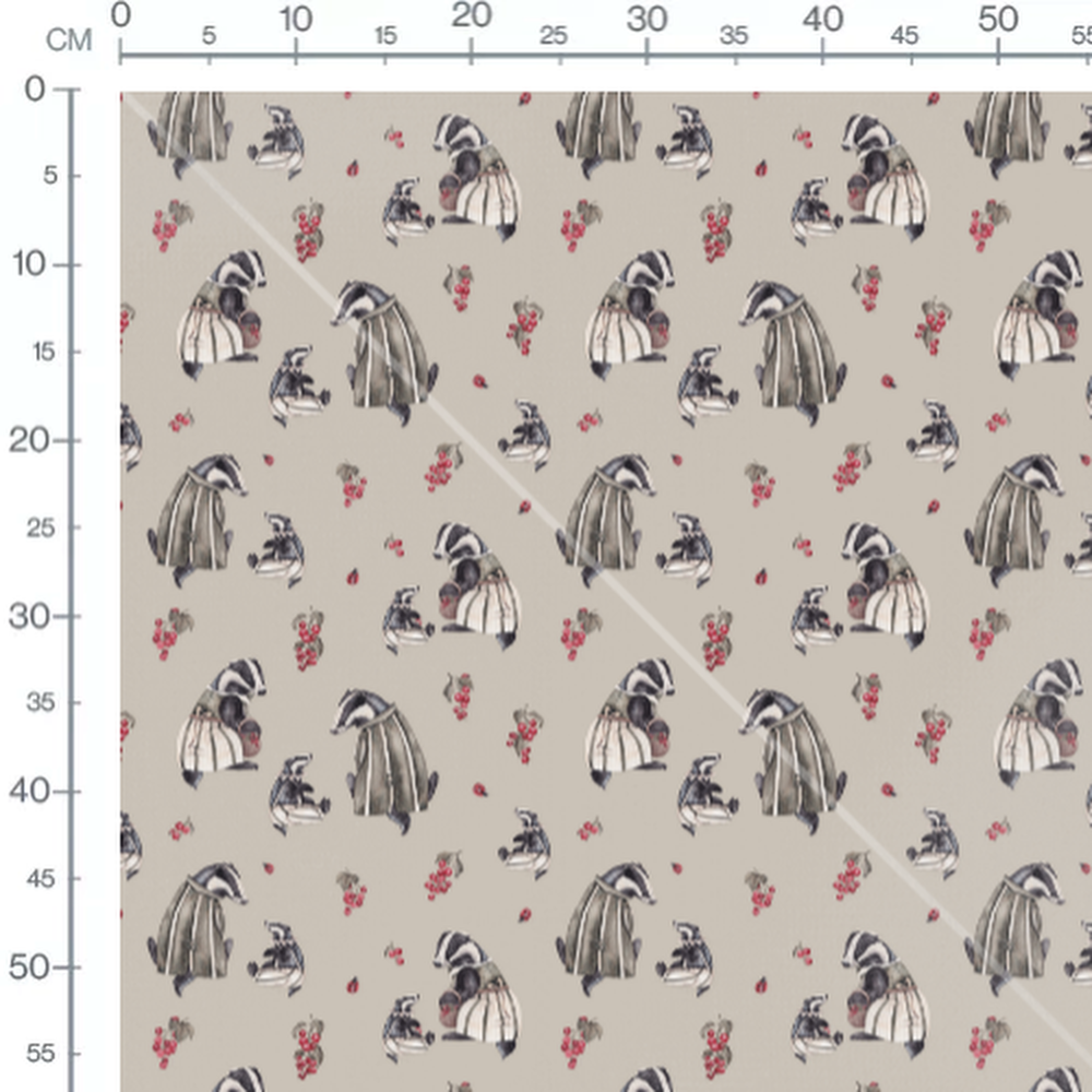 Tissu - Blaireaux et baies rouges beige