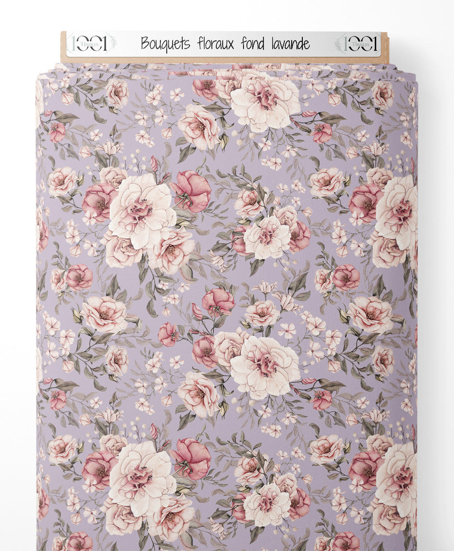 Tissu - Bouquets floraux sur fond lavande