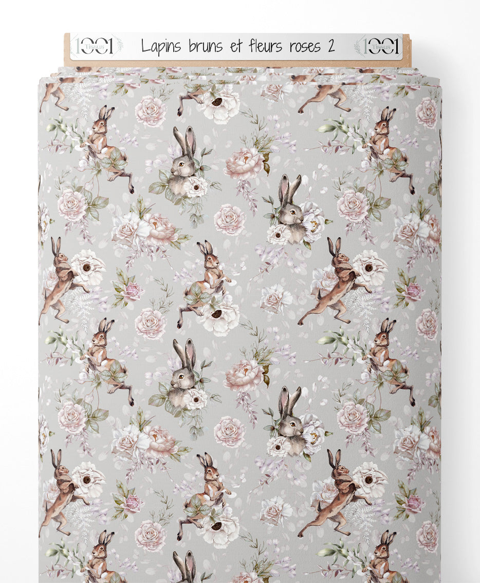 Tissu - Lapins bruns et fleurs roses 2