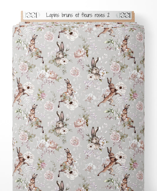 Tissu - Lapins bruns et fleurs roses 2