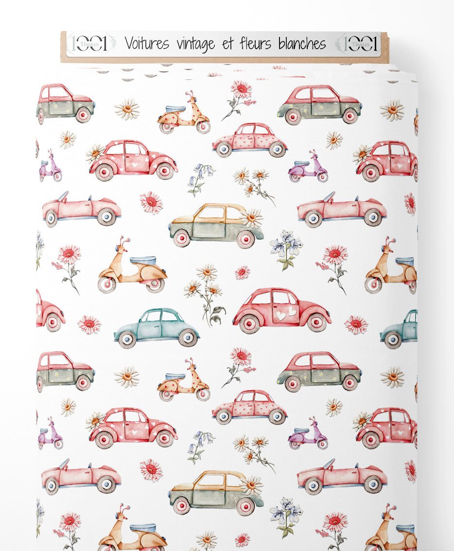 Tissu - Voitures vintage et fleurs blanches