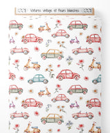 Tissu - Voitures vintage et fleurs blanches