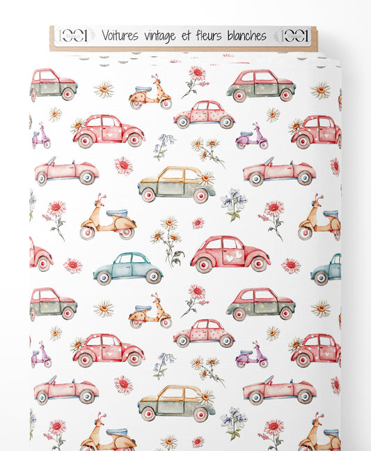 Tissu - Voitures vintage et fleurs blanches