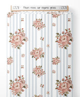 Tissu - Fleurs roses sur rayures grises
