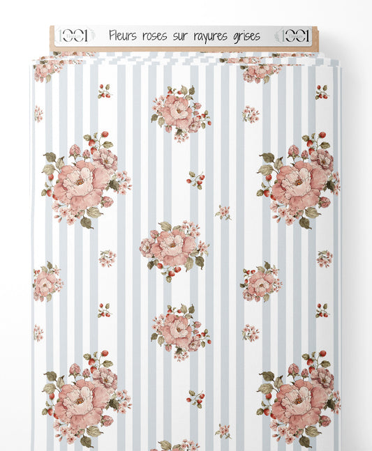 Tissu - Fleurs roses sur rayures grises