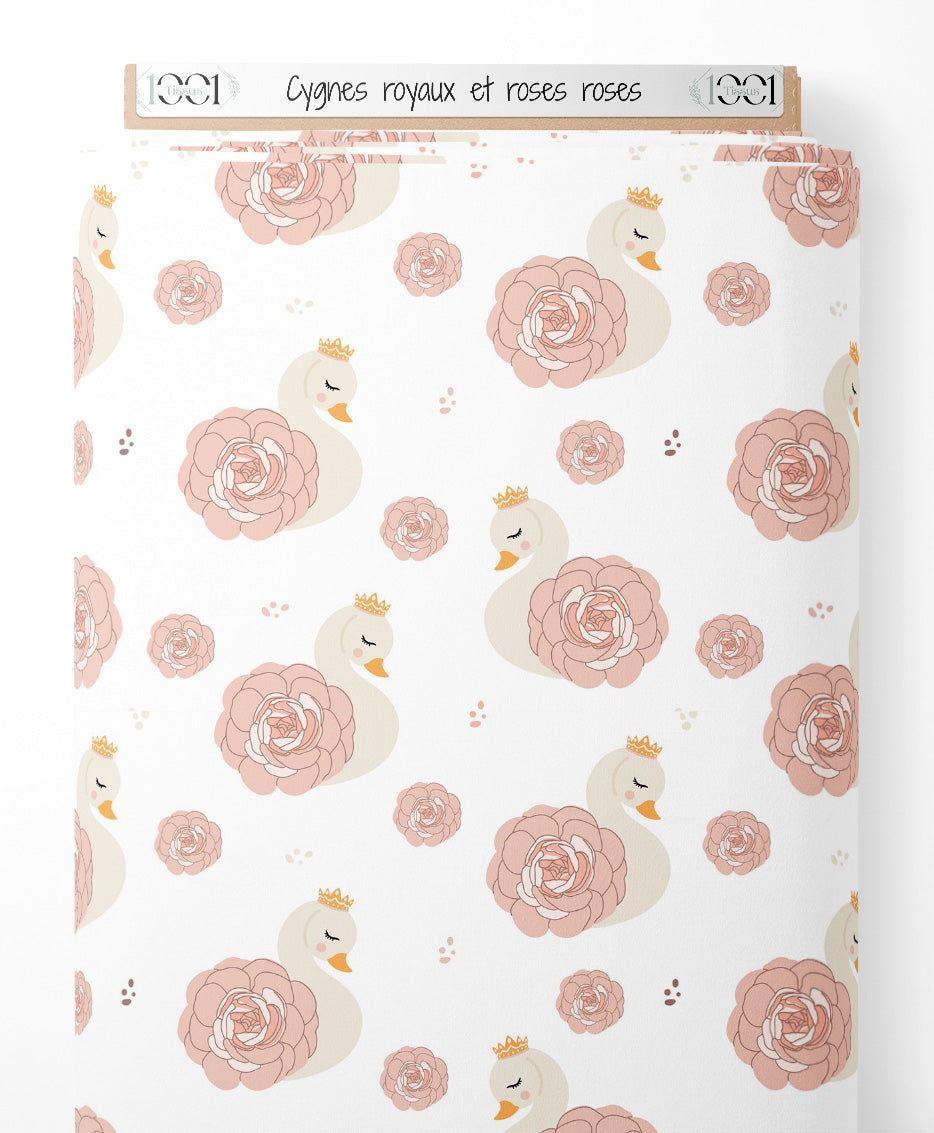 Tissu - Cygnes royaux et roses roses